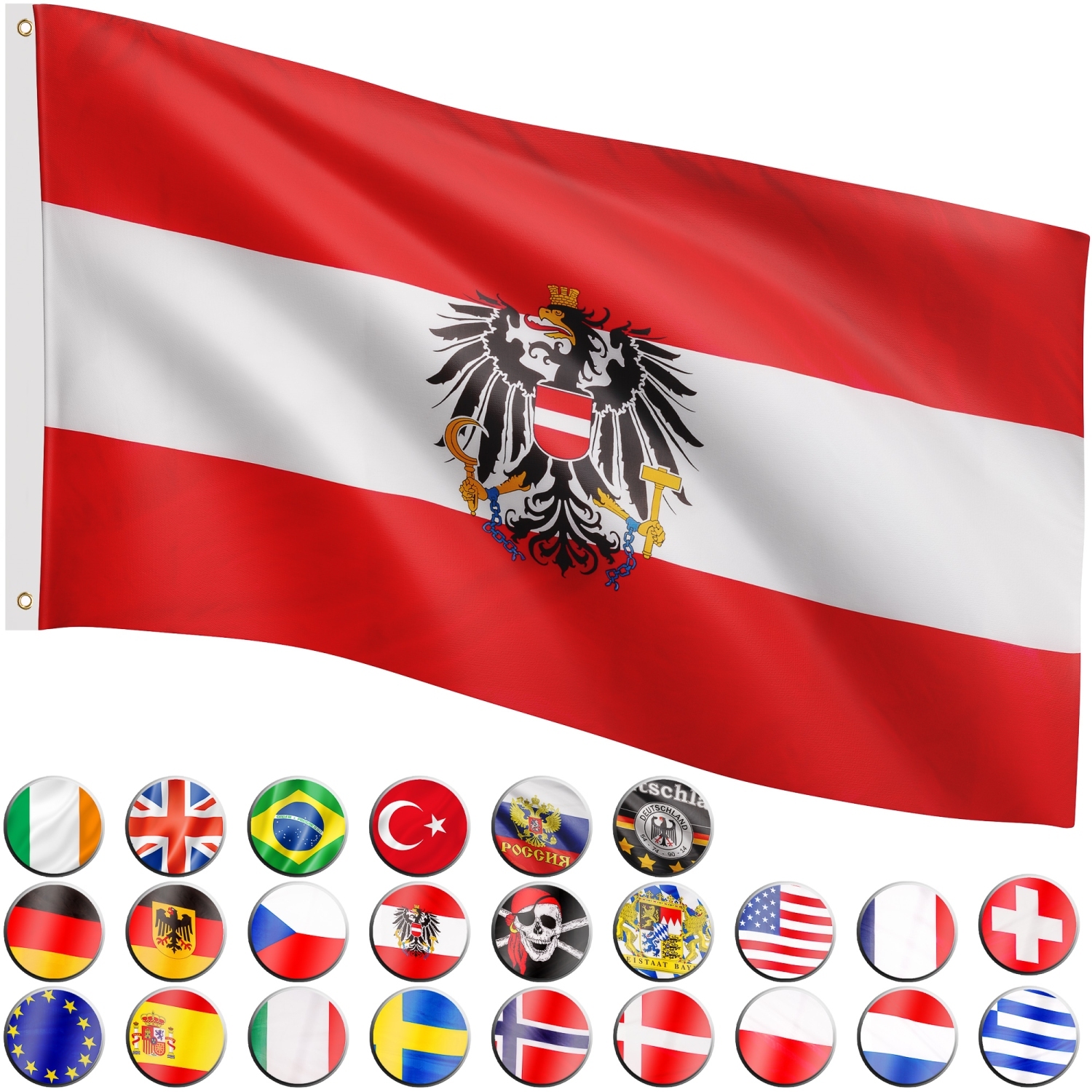 Flagge AUSTRIA Österreich mit Bundesadler auf Holzstock