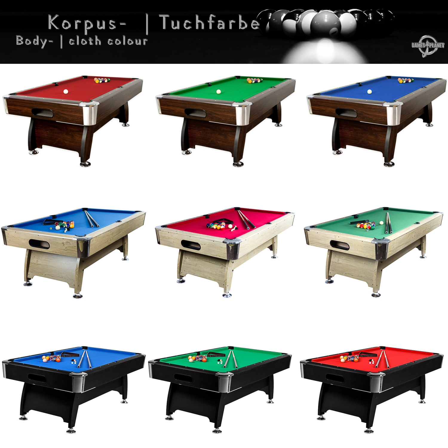 Table de billard Maxstore Table de billard 8 FT \Premium\ + accessoires, 9  coloris au choix, L 244x l 132x H 82 cm, décor noir, drap bleu